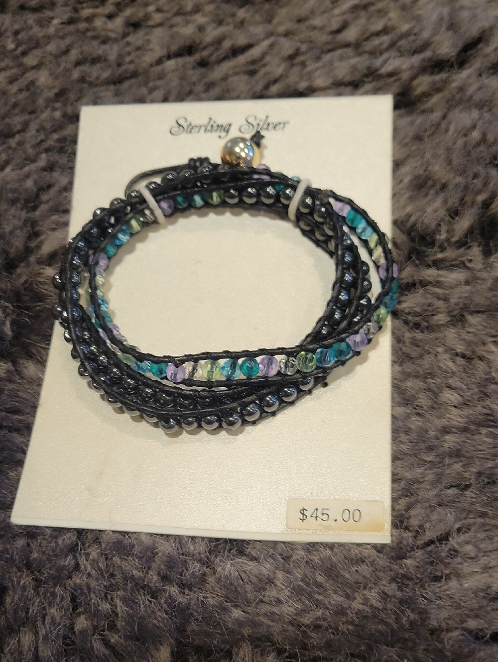 Sterling Silver/ Hematite /Crystal Leather Wrap Bracelet,New W/ Tag